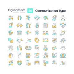 Communication type RGB color icons set. Social interaction. Project management. Information transmission. Isolated vector illustrations. Simple filled line drawings collection. Editable stroke
