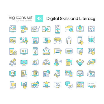 Digital skills and literacy RGB color icons set. Computer programming. Cyber citizenship. Online safety. Isolated vector illustrations. Simple filled line drawings collection. Editable stroke