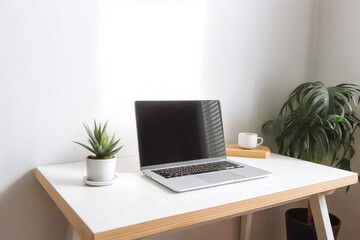 Fototapeta premium Computer mockup white background on table. Working At Home. Laptop With Blank Screen On Table. Generative AI.
