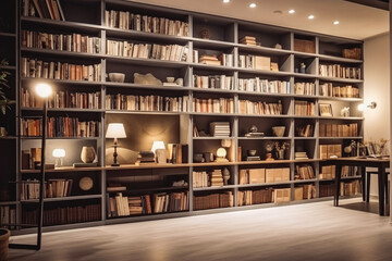 Home library wall. Clean and modern decoration background. Reading Room Or Library Interior With Armchair, Bookshelf And Lamp. Generative AI.