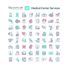 Medical center services RGB color icons set. Primary healthcare. Urgent care. Hospital consultancy. Isolated vector illustrations. Simple filled line drawings collection. Editable stroke