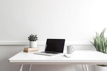 Computer mockup white background on table. Working At Home. Laptop With Blank Screen On Table. Generative AI.