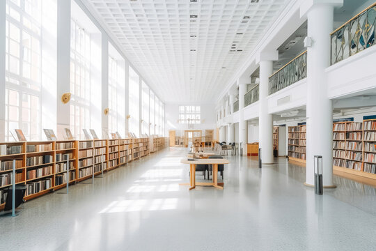 Interior view of the municipal library. White background, clean and modern building. Open space library with chairs and tables. Generative AI.