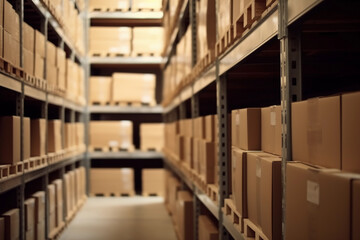 Cardboard boxes on warehouse shelves blurred background, Generative AI