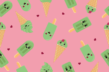 Seamless ice cream matcha pattern. Ice cream on a stick and in a waffle glass. Vector illustration