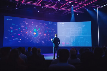Man delivering a speech in movie theater. Computer science startup conference, people listening to lecture. Generative AI.