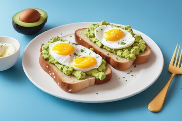 Fototapeta na wymiar Avocado toast with poached egg on a wooden board, generative ai, healthy food. Breakfast concept.