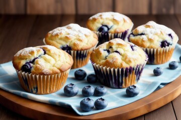 freshly baked blueberry muffins with sugar powder, generative ai, on a natural wooden board