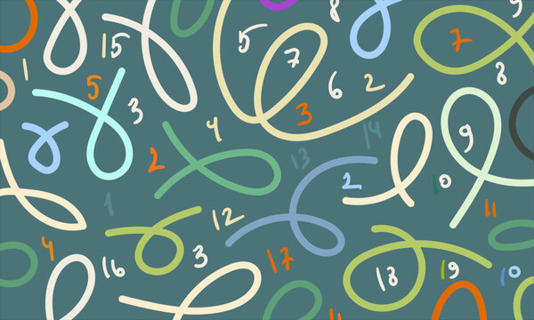 Abstract pattern of bent wavy lines and numbers. Composition in the form of an arbitrary pattern on a sea-green background. Vector illustration, EPS 10. Doodle space.