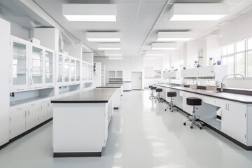 Naklejka na ściany i meble Science laboratory white walls. Empty professional science building with bright clean white walls and furniture. Generative AI.