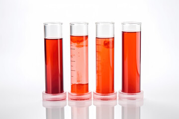 Test tubes with red liquid against white background. Scientific research in professional environment. Generative AI.