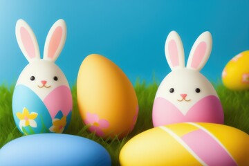 Obraz premium Colorful Easter eggs with cute little rabbit ears, holiday celebration, generative ai, pastelle color background