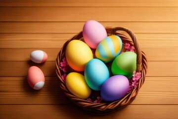 Naklejka premium Easter eggs in the nest on rustic wooden background, generative ai, copyspace for text