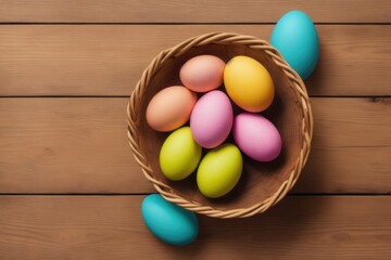 Easter eggs in the nest on rustic wooden background, generative ai, copyspace for text