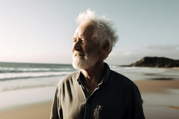 Serene senior man relaxing on a beach created with Generative AI