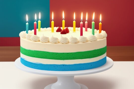 Minimalist birthday cake with solid colors and candles on a flat background, generative ai, with copyspace