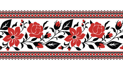 Seamless Border with Red Rose and Mallow Composition Inspired by Ukrainian Traditional Embroidery. Ethnic Floral Motif, Handmade Craft Art. Ethnic Design Element. Vector Illustration - Powered by Adobe
