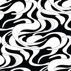 Abstract Seamless Pattern with Wavy Stains on Black. Decorative Design for Prints, Fabrics, Wallpapers etc. Abstract Pop Art Stylization. Vector Contour Illustration. Coloring Book