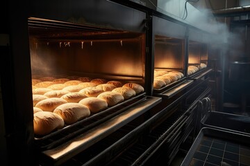 batch of bread being baked in industrial-sized oven, with steam rising from the hot interior, created with generative ai - obrazy, fototapety, plakaty