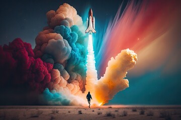 rocket launching into the sky with colorful smoke trail, in person, created with generative ai - obrazy, fototapety, plakaty