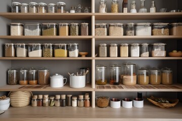 pantry with neat and organized shelves, showcasing cooking essentials, created with generative ai - obrazy, fototapety, plakaty