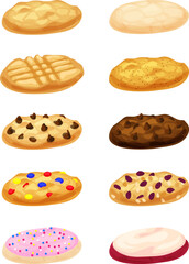 Sugar, chocolate chip, oatmeal raisin, peanut, snickerdoodle, chocolate, candy cookies at an angle on a white background. Isolated vector illustrations.