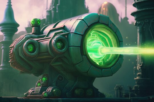 close-up of alien blaster with green energy beam in cityscape, created with generative ai