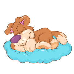 Sleeping Cartoon Dog. Clipart. Cute cartoon illustration of a sleeping dog on a pillow. Unique design, Children's mascot.