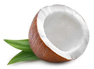Coconut half isolated on white background. Coconut with clipping path. Coconut macro studio photo