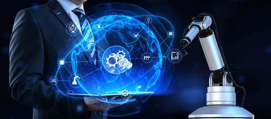 Gears icons Automation innovation RPA. 3d render cobot robotic arm.