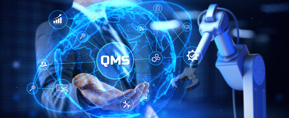 QMS Quality management system. Business industrial technology concept. Cobot 3d render.