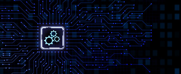 Abstract gears on virtual screen automation innovation technology concept.. Businessman pressing button on screen.