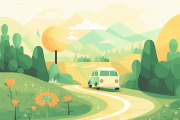 Zelfklevend Fotobehang spring road trip. landscape with a cute car on the road. vector illustration in flat style. generative AI © yj