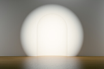 3d scene background with wooden floor over white wall illuminated by round spot light