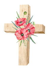 Wooden cross with red poppy flower. Watercolor design element for Remembrance Day, Anzac Day. Lest we forget