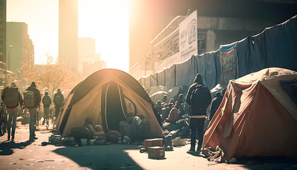 Concept of illegal immigrant of people. Refugee tent camp next to US city, sun light. Generation AI - obrazy, fototapety, plakaty