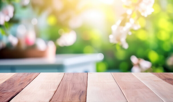 Wood table top on bokeh abstract background - can be used for montage or display your products