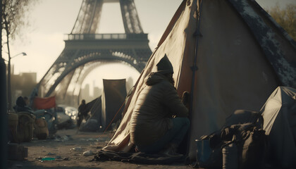 Refugee tent camp around Eiffel Tower in Paris city France, sun light. Concept of illegal immigrant of people to Europe. Generation AI - obrazy, fototapety, plakaty