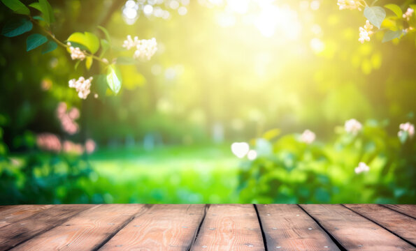 Wooden table in front of blurred spring garden background with bokeh. High quality photo
