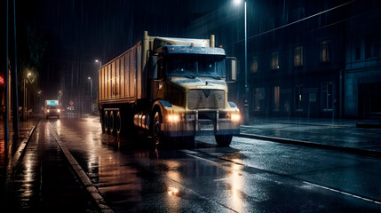 Truck in de city with rain