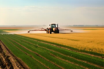 A plantation field with Glyphosate irrigation, chemical products in agriculture. Pesticides on plantantion field at sunset. Generative AI Technology.