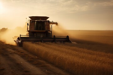 Fototapeta premium A plantation field with Glyphosate irrigation, chemical products in agriculture. Pesticides on plantantion field at sunset. Generative AI Technology.