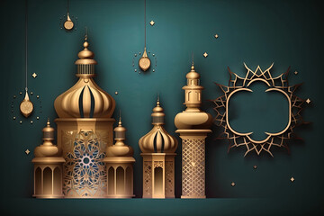 Obraz premium Arabic lantern of ramadan celebration background illustration. Eid Mubarak. Islamic greeting Eid Mubarak cards for Muslim Holidays, background. Generative AI