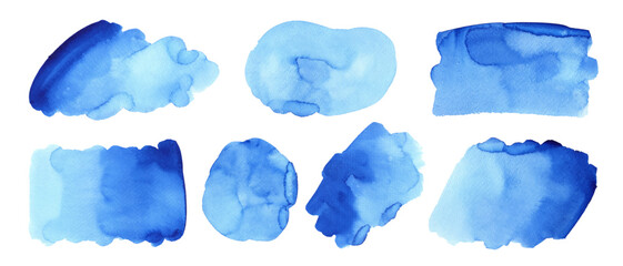 Blue watercolor abstract background, form, design element. Colorful hand painted texture, wash. Absttract clouds, sea, water texture. 