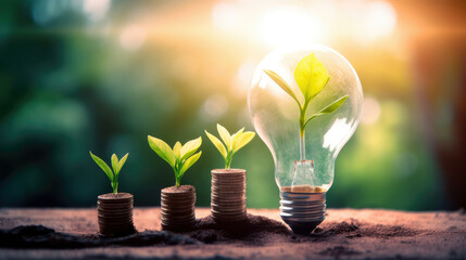 the light bulb on the ground Plants grow on stacked coins. Renewable energy production is essential for the future. Green businesses using renewable energy can limit climate change.