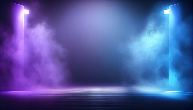 Empty scene with blue purple neon stage spotlight Ai generated image
