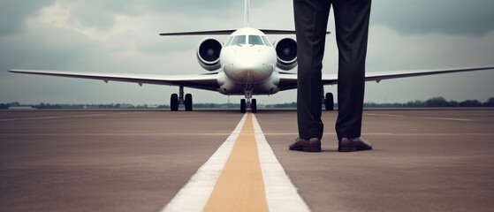 Businessman and airplane, concept of successful businessman. Generative AI