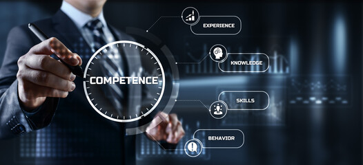 Competence skills business and personal development concept. Businessman pressing button on screen.