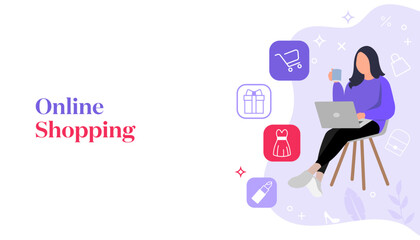 Online Shopping.  Vector illustration, woman with laptop   and shopping online. E-commerce , sale, promotions, online shopping.  Women's items 
Vector template background, banner. Modern flat style.