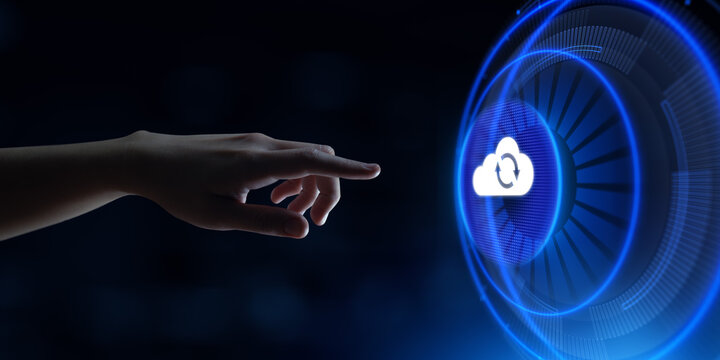 Cloud technology concept. Computing data storage. Software infrastructure. Hand pressing button.
